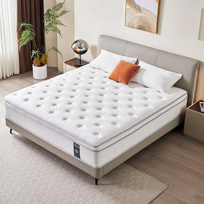Queen Mattress, 14 Inch Hybrid Mattress in a Box, Memory Foam and Individual Pocket Springs, Fiberglass Free, Soft and Breathable, Medium Firm Feel