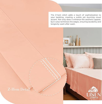 Linen Home 100% Cotton Percale Sheets Twin XL Size, Tropical Peach, Deep Pocket, 3 Pieces Set - 1 Flat, 1 Deep Pocket Fitted Sheet and 1 Pillowcase, Crisp Cool and Strong Bed Linen