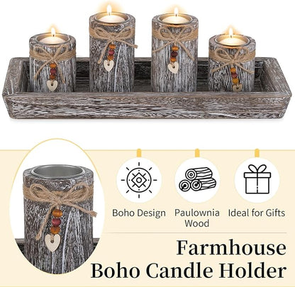 Farmhouse Coffee Table Decor Candle Holder - Romadedi Boho Wooden Tray with 4 Tealight Candles Holders for Tables Centerpiece Home Decorations Living Room Fireplace Whitewashed