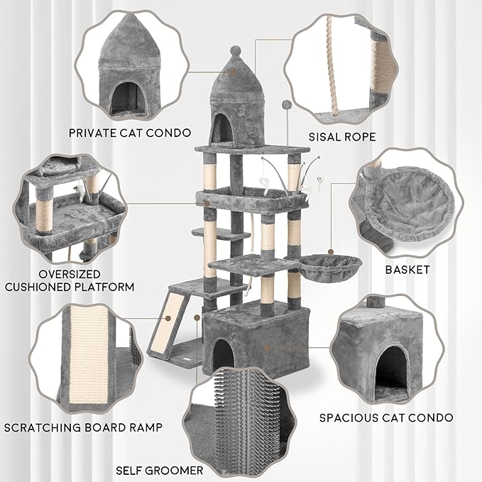 Large Cat Tree Tower for Large Cats, Cat Scratching Post, Self Grooming Post, Interactive Cat Toys, Oversized Perch and Basket, Heavy Duty 72", Light Grey-Mewly Pet