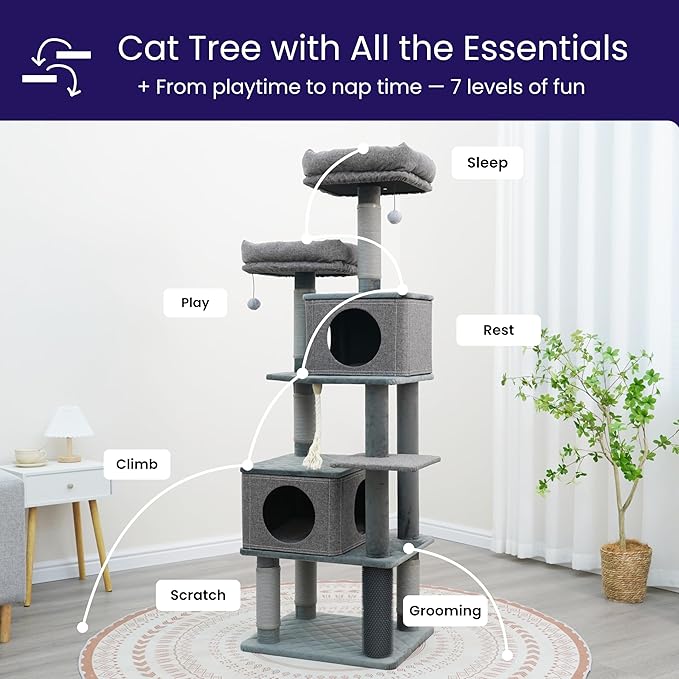 Catry® Stella 7-Level 67.5” Linen & Quilted Velvet Cat Tree with Recycled Paper Scratchers, Two Condos, Removable Beds, Toys, Easy to Clean, Ideal for Large Cats and Multi-Cat Homes (Zinc Gray)-Mewly Pet