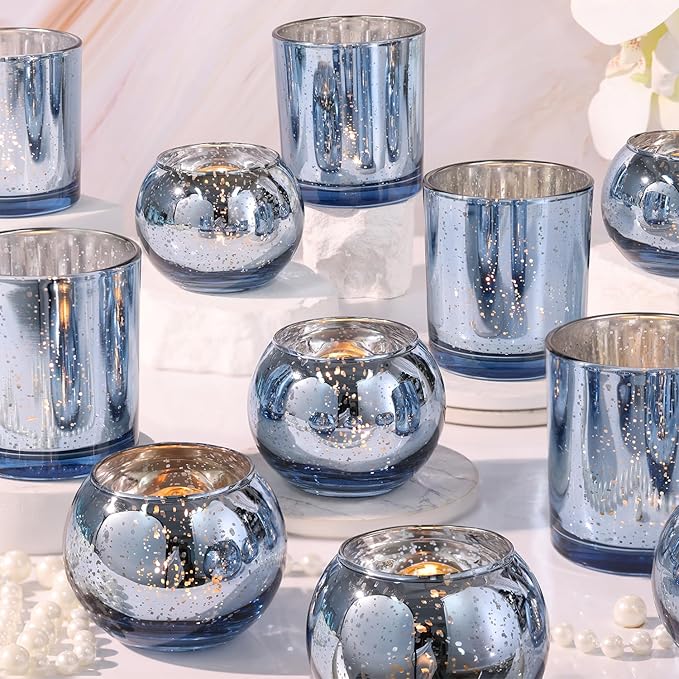 20 Pcs Assorted Blue Votive Candle Holders, Larger Size Mercury Glass Candle Holder Bulk, Glass Tea Light Candle Holders for Wedding Decorations, Blue Centerpieces for Tables, Baby Shower