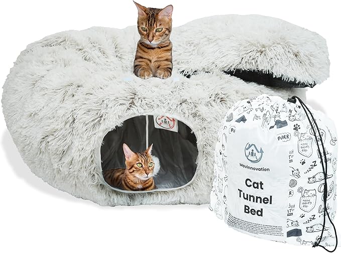 Large Cat Tunnel Bed for Indoor Cats Warm Fluffy Plush Cat Cave Tunnel Bed Collapsible, Washable, 3 Way and Multifunctional with Dangling Balls for Cats, Kittens and Rabbits- Brown-Mewly Pet