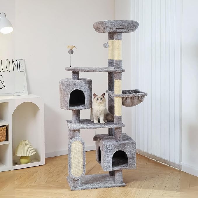 Hoopet 70-Inch Large Cat Tree for Multiple Cats Cat Tower with 2 Condos, Scratching Posts, Hammock & Platform, Plush Perch for Indoor Activity Relaxing Easy Assembly Grey-Mewly Pet