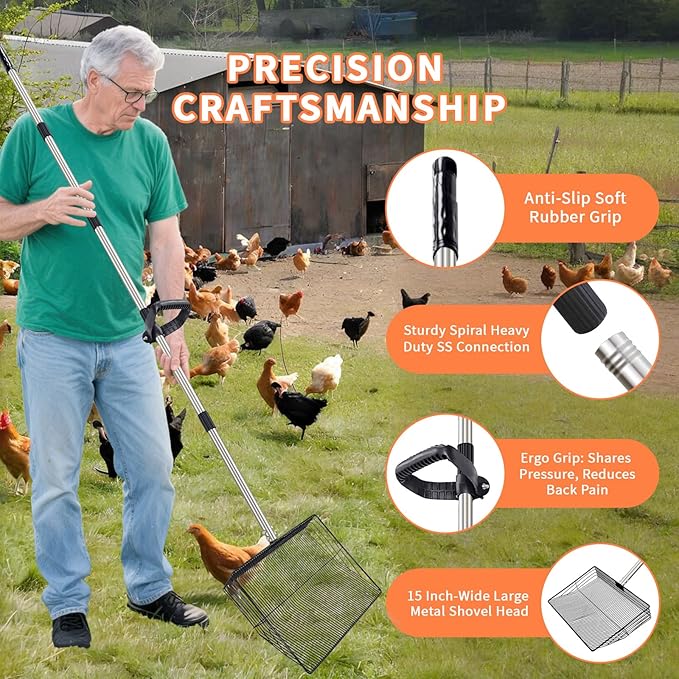 Large Chicken Poop Scooper, Metal Coop Scoop with 32" to 67" Adjustable Long Stainless Steel Handle, Chicken Poop Scooper for Sand with Heavy Duty Sifting Shovel for Chicken/ Horse/ Pet Coops (15 IN)-Mewly Pet