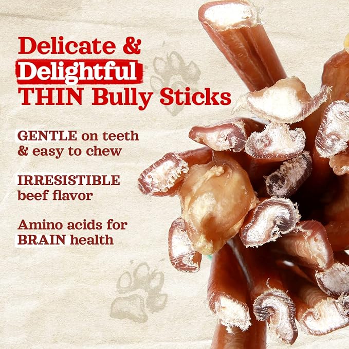 Natural Farm Odor-Free Thin Bully Sticks (6”, 10-Pack) All-Natural Long-Lasting Dog Chews, 100% Beef Pizzle, Grass-Fed, Grain-Free, Protein for Muscle Development & Energy, Perfect for Medium Chewers-Mewly Pet