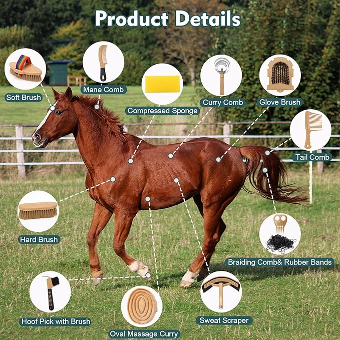 Horse Grooming Kit for Bathing, 13Pcs Horse-Brush Set with Mesh Bag, Shower Brushes, Braiding and Curry Comb, Sweat Scraper, Hoof Pick, Shedding Massaging Tool Supplies for Riders Beginners-Mewly Pet