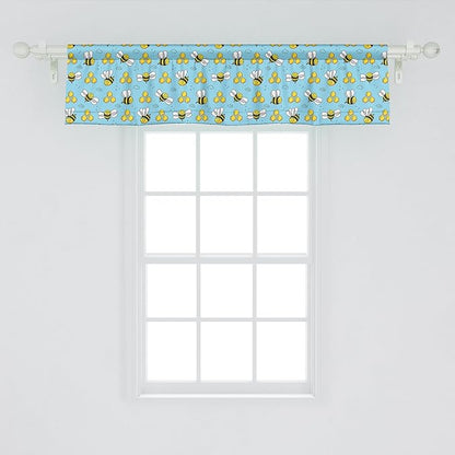 Ambesonne Cartoon Window Valance, Summer Style Funny Demonstration of Happy Flying Characters and Hexagon Comb, Curtain Valance for Kitchen Bedroom Decor with Rod Pocket, 42" x 12", Sky Blue Mustard
