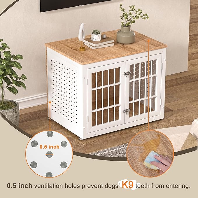 32" Heavy Duty Dog Crate Furniture for Small and Medium Dogs, Metal Kennel for High Anxiety Dogs, Chew Proof Pet Cage Indoor, Decorative Dog Kennel End Table, White-Mewly Pet