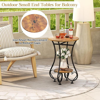 Side Table,Small Round End Table with Lower Shelf for Small Spaces,Round Bedside Nightstand Table with Metal Frame,Couch Sofa Coffee Tea Table,Retro Accent Drink Table for Living Room Bedroom Balcony