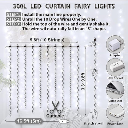 HXWEIYE 300LED Fairy Curtain Lights, 9.8x9.8Ft USB Plug-in 8 Modes Christmas String Hanging Lights with Remote for Bedroom Backdrop Wedding Party Indoor Wall Decor, White, Standard