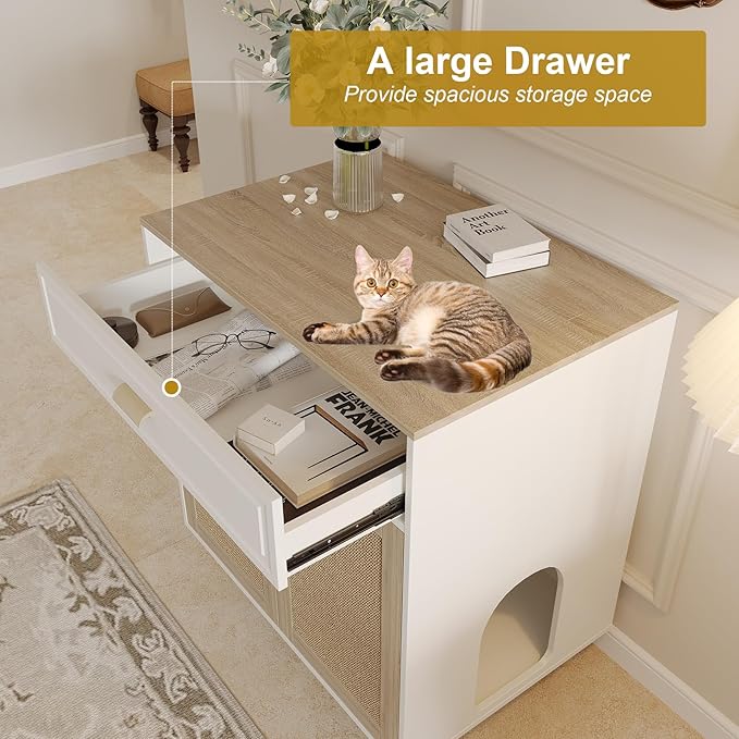 Cat Litter Box Enclosure Furniture Hidden - Indoor 2-in-1 Wooden Cat House & Washroom Cabinet with Scratching Board Doors and Drawer, 31.5”x21.6”x34.6”H-Mewly Pet