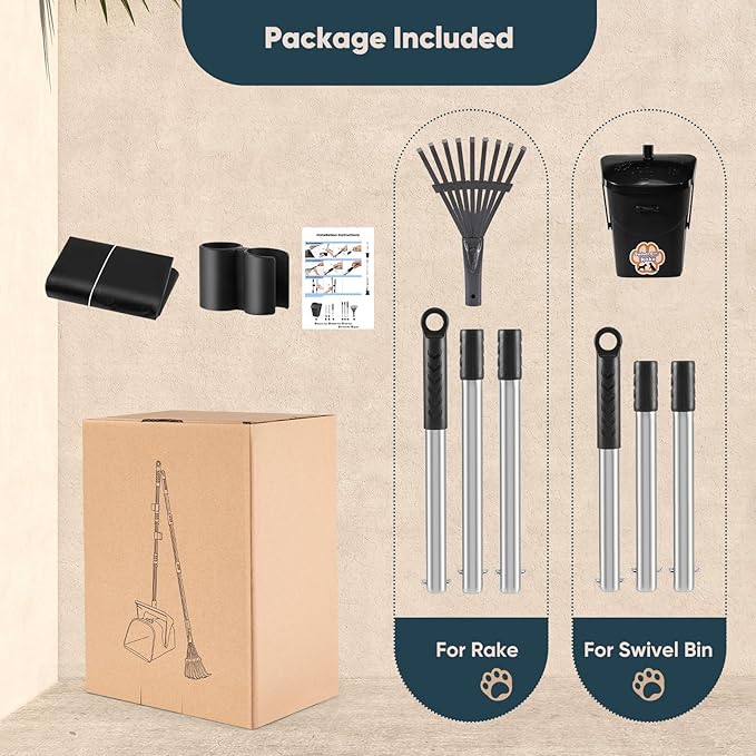 Stainless Steel Dog Pooper Scooper,40" Long Handle Swivel Bin and Rake,20 Waste Bags - Heavy Duty Portable Metal Poop Scooper for Large,Medium and Small Dogs-Mewly Pet