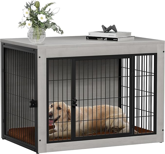 Bigrab Dog Crate Furinture with Thick Cushion, Side End Table Wooden Dog Cage with Double Doors, Chew-Resistant Dog Kennel Dog House Indoor for Small to Large Dog, L (Grey)-Mewly Pet
