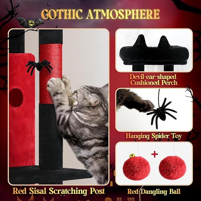 Globlazer Gothic Cat Tree Tower for Indoor Cats, 50-inch Goth Adult Cat Tree House for Large Adult Cats with Steps, Scratching Post, 2 Cat Caves, Dangling Toys, FC50, Blood-Goth-Mewly Pet
