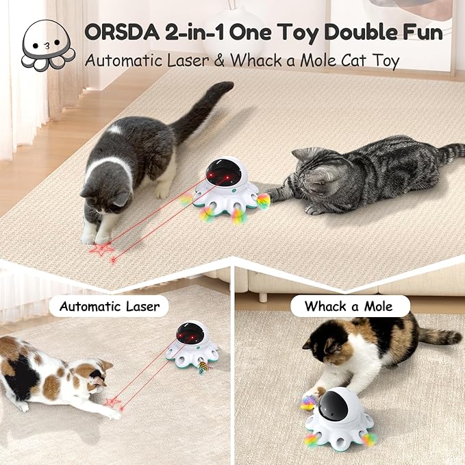 ORSDA Cat Laser Toy, 2-in-1 Interactive Automatic Motion Activated Moving 8 Holes Whack A Mole Feather, USB Rechargeable Electronic Smart Sensor Kitten Toys for Indoor Exercise-Mewly Pet