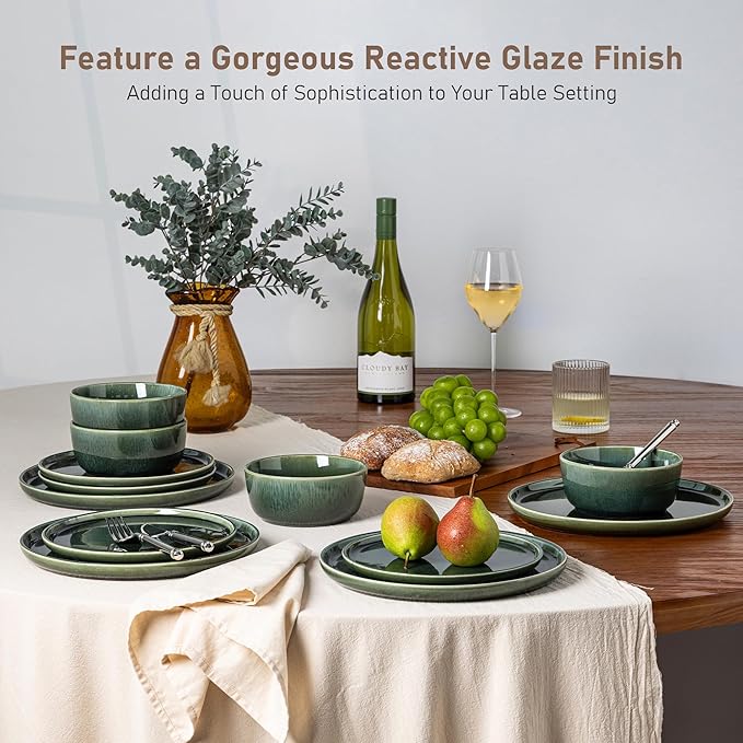 GBHOME Ceramic Dinnerware Sets for 6, 18 Pieces Stoneware Plates and Bowls Sets, Reactive Glaze Dishes -Scratch Resistant, Dishwasher&Microwave Safe, Earth Green-Mewly Pet
