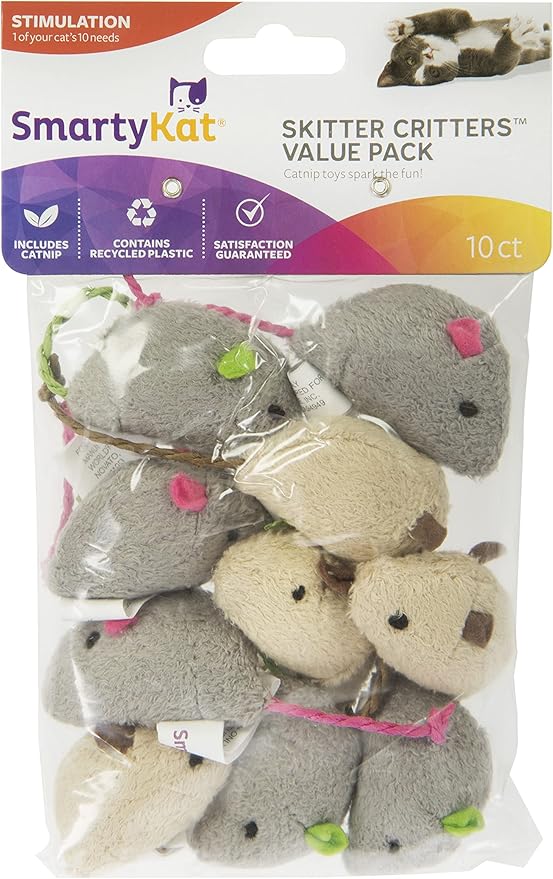 SmartyKat Skitter Critters Value Pack Catnip Cat Toys - Gray/Cream, Set of 10-Mewly Pet