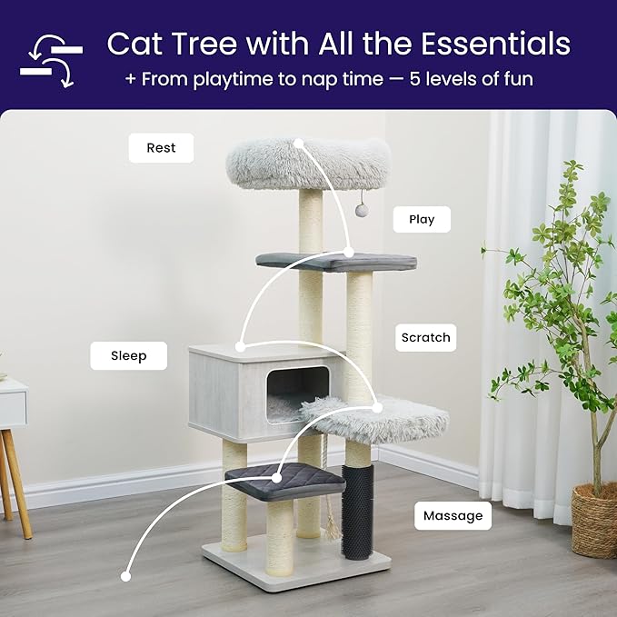 Catry Kasio 6 Level 54" High Modern Cat Tree with Laminated Wood Condo,Replaceable Scratching Posts,Removeable Washable Beds, Self Grooming Brush and Toys.(Light Gray)-Mewly Pet