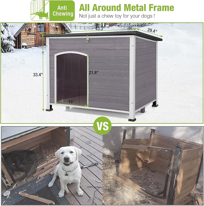 GUTINNEEN Large Insulated Dog House for Winter Outdoor Dog Kennel with Anti-Chewing Metal Frame for Medium to Large Dogs,Grey and White-Mewly Pet