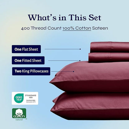 California Design Den King Size Sheets Set - Soft 400 Thread Count Sateen, Natural 100% Cotton Sheets with Deep Pockets, Breathable, Cooling and Durable Bedding Set - Burgundy Red