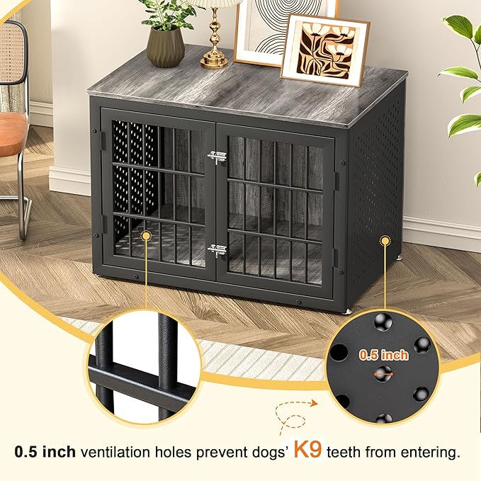 38" Heavy Duty Dog Crate Furniture for Large and Medium Dogs,Wooden Metal Kennel for High Anxiety Dogs, Chew Proof Pet Cage Indoor, Decorative Dog Kennel End Table-Mewly Pet