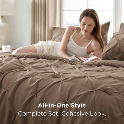 Bedsure California King Comforter Set Brown - Bed in a Bag Cal King Bedding Set 7 Pieces, GentleSoft™ Pintuck Bed Set Gift for Family, Pinch Pleat Brown Comforter with Sheets, Pillowcases & Shams