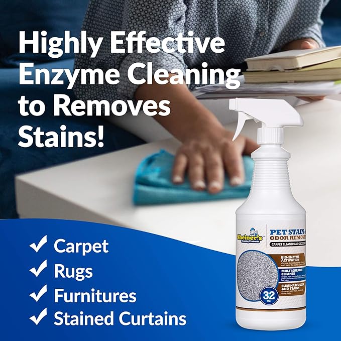 Sheiner's Pet Stain Remover & Pet Odor Eliminator, Advanced Cleaning Bio-Enzyme Cleaner Solution for Carpets, Rugs, Upholstery & Multi-Surfaces, Safe for Pets & Kids. (32 oz)-Mewly Pet