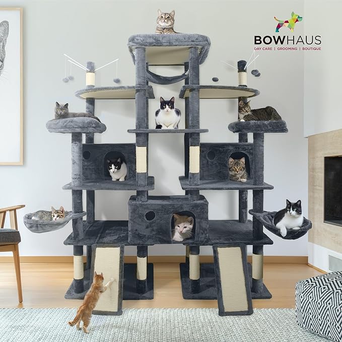 Extra Large 80-Inch Tall Cat Tree w/Widened Perch for Large Cats, Big Cat Tower Indoor, Modern Multi-Level Activity Tower with Scratching Posts, Condos, Baskets, Hammock, Scratching Ramps-Mewly Pet