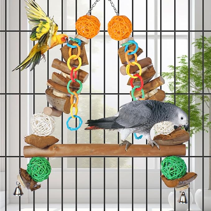 3-in-1 Parrot Toys Natural Coconut Fiber Parrot Hammock (Swing + Perch + Chew Toy) Natural Bird Perches for Medium Large Birds - 23" Bird Toys for Parrots Stand-Mewly Pet