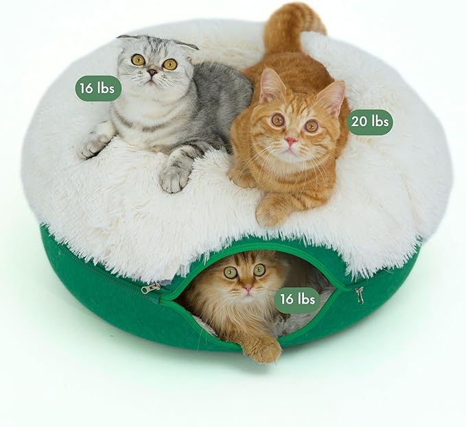 CATTASAURUS Peekaboo Cat Cave for Multiple & Large Cats Up to 30-45 Lbs, Fluffy Cat Beds & Furniture, Scratch Detachable & Washable Tunnel Bed, Comfy Donut Bed (Forest Green, Large (Calming))-Mewly Pet