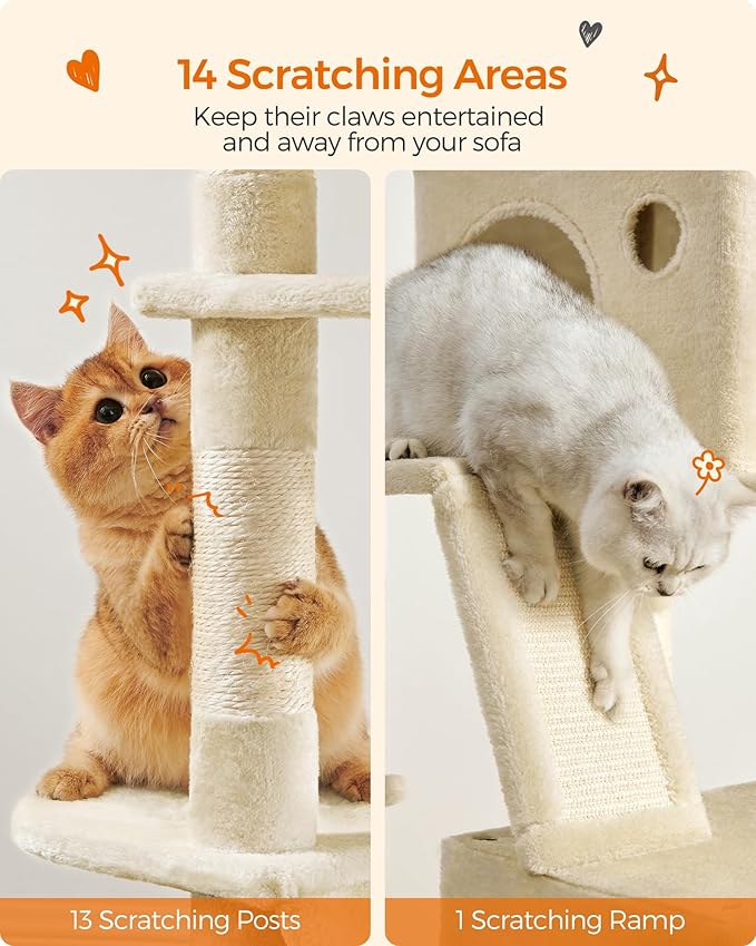 Feandrea Cat Tree, 81.1-Inch Large Cat Tower with 13 Scratching Posts, 2 Perches, 2 Caves, Basket, Hammock, Pompoms, Multi-Level Plush Cat Condo for Indoor Cats, Beige UPCT190M01-Mewly Pet