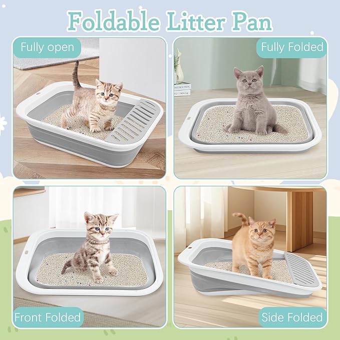 Fhiny Cat Litter Box Portable Shallow Litter Box 17.7"x13.4"x4.9" Foldable Cat Toilet with Scoop Open Kitty Potty Pan with Litter Drop Pedal Easy to Clean Travel Kitten Toilet(Gray)-Mewly Pet