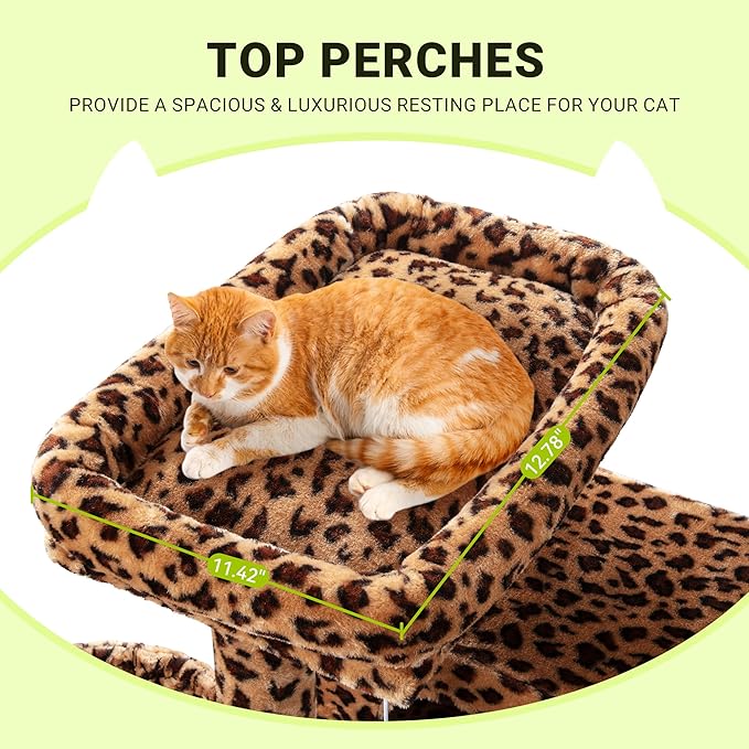 Allewie 64 Inches Cat Tree Tower/Multi-Level Activity Center for Indoor Big Felines/2 Plush Condos/2 Perchs/Basket/House/Sisal Scratching Posts/Hanging Cat Toys/Leopard Print-Mewly Pet