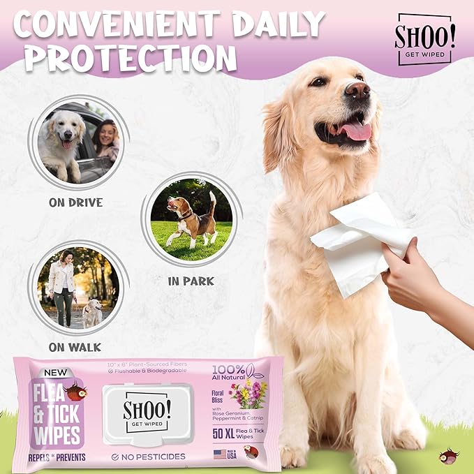 Shoo! Flea & Tick Wipes for Dogs | Convenient, Easy On-The-Go Protection | Plant Based, Natural Oils, Chemical Free | Repels & Prevents | 50 XL Wipes | (Floral Bliss)-Mewly Pet
