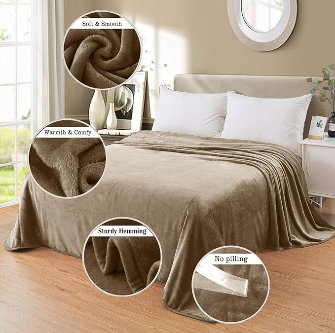 Soft Queen Size Blanket for All Season Warm Fuzzy Microplush Lightweight Thermal Fleece Summer Autumn Fall Winter Spring Blankets for Queen Full Bed Couch Sofa,90x90 Inches,Taupe
