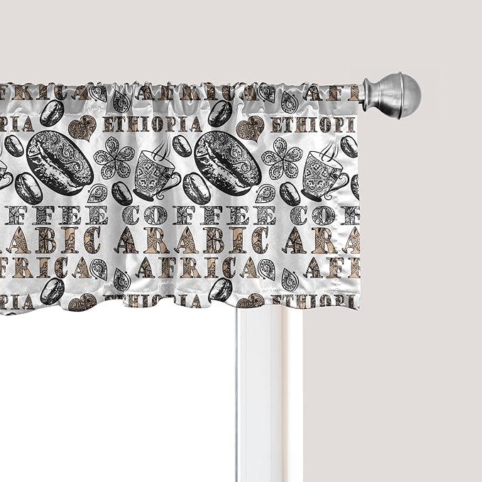 Ambesonne Modern Window Valance, Coffee Beans with Ornamental Words Ethiopians Pattern, Curtain Valance for Kitchen Bedroom Decor with Rod Pocket, 42" x 18", Sand Brown Black
