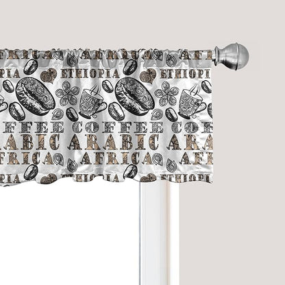 Ambesonne Modern Window Valance, Coffee Beans with Ornamental Words Ethiopians Pattern, Curtain Valance for Kitchen Bedroom Decor with Rod Pocket, 54" X 18", Sand Brown Black