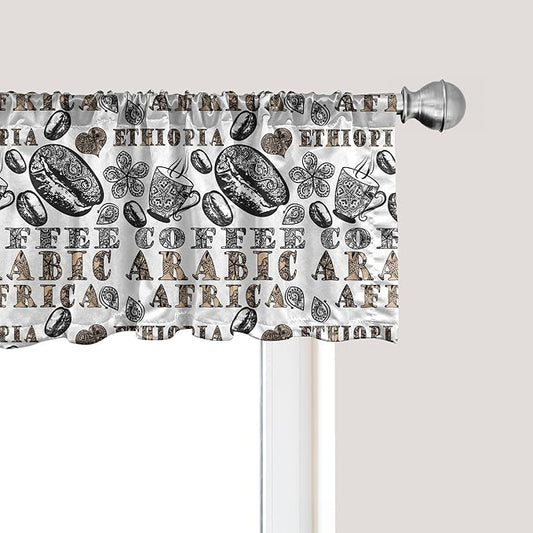 Ambesonne Modern Window Valance Pack of 2, Coffee Beans with Ornamental Words Ethiopians Pattern, Rod Pocket Curtain Valances for Kitchen Bedroom, 42" X 18", Sand Brown Black
