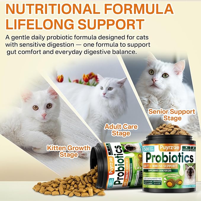 Cat Probiotics & FOS, Gut + Immune Support - 500 Chews Crunchy & Creamy Cheese Core, Probiotic for Digestive and Gut Health, Immunity, Constipation Relief for Cats Kittens - Chicken Shrimp-Mewly Pet