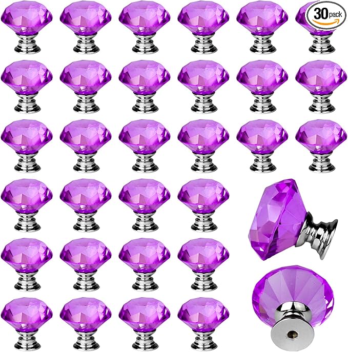 DEELF 30 Packs Kitchen Cabinet Knobs, 30 mm Crystal Cabinet Knobs, Diamond Dresser Handle Drawer Pulls, Dresser Knobs for Cabinets and Drawers, Purple