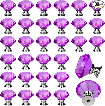 DEELF 30 Packs Kitchen Cabinet Knobs, 30 mm Crystal Cabinet Knobs, Diamond Dresser Handle Drawer Pulls, Dresser Knobs for Cabinets and Drawers, Purple