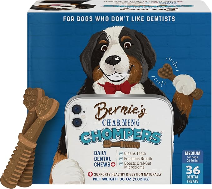 Bernie's Charming Chompers - Daily Dental Chews for Dogs 26-50 Lbs. - 36 Count - Cleans Teeth, Freshens Breath, + Boosts Oral-Gut Microbiome. Easy to Digest, Supports Healthy Digestion Naturally-Mewly Pet