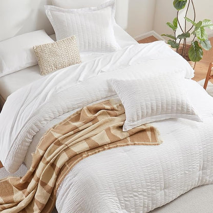 CozyLux Oversized King Comforter Set White Seersucker 7 Pieces 120x98 Bed in a Bag Comforter Set with Sheets, Luxury Soft Bedding Sets with Down Alternative Comforter, Sheets, Pillowcases & Shams