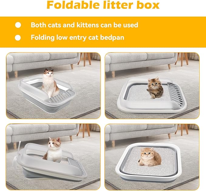 Open Cat Bedpan with Spoon,Shallow Splash Proof Travel Litter Box with Sand Drop Pedal High Side Low Entrance Cat Toilet Semi-Enclosed Adjustable for Kittens Elderly Cats Disabled Cats(Gray)-Mewly Pet