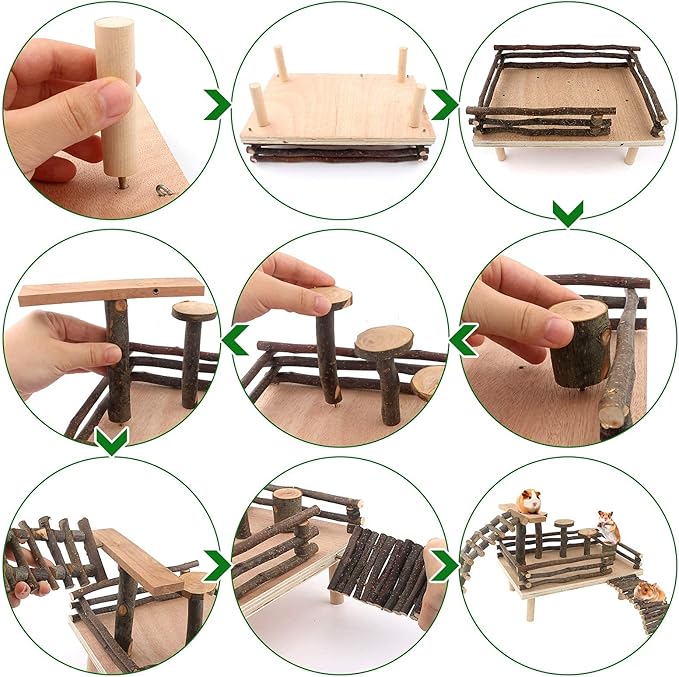 HOSUKKO Hamster Climbing Toys Wooden Hamster Playing Activity Set, Hamster Activity Playground Climb Platform Apple Wood Chewing Toys for Hamster Small Pets (D-Playground with Large Bridge)-Mewly Pet
