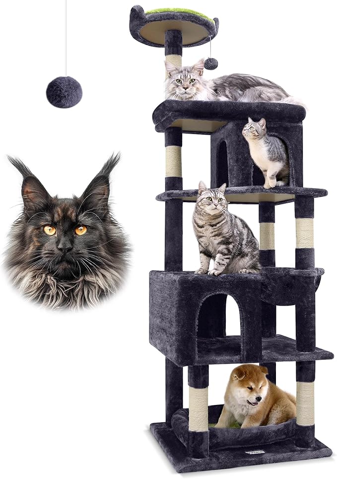 Globlazer Heavy Duty Cat Trees for Large Cats, Sturdy 72in Maine Coon Cat Tree for Large Cats 20 lbs+ Heavy Duty Cat Tower for Adult Biggest Cat with 6 Scratching Posts, Hammock, S72, Dark Gray-Mewly Pet