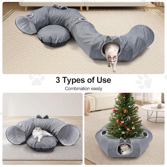 Odoland Summer Linen Cat Tunnels for Indoor Cats with Cooling Central Cat Bed, Interactive Cat Toys Detachable Soft Mat and Variety Kitty Toy Set Grey-Mewly Pet