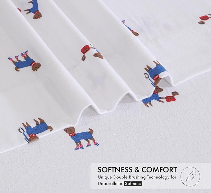 RUVANTI Flannel Sheets Queen Size - 100% Cotton Double Brushed Bed Sheets, Deep Pockets 16 Inches Queen Sheet Set, All Seasons Breathable & Extra Soft - Warm & Cozy, 4 Piece, Puppy Playoff