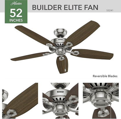 Hunter 52 inch Indoor Ceiling Fan No Light with Pull Chain - Ceiling Fan without Light, Standard Mount, 5 Blades, For Bedroom, Living Room, or Kitchen - Builder Elite 53241, Brushed Nickel
